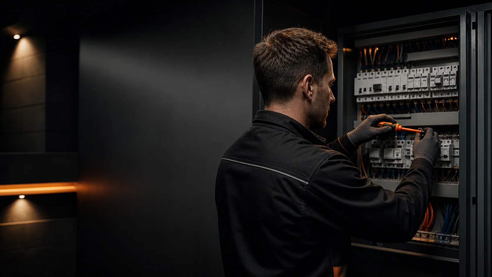 Électricien professionnel travaillant sur un tableau électrique moderne pour Nova Light